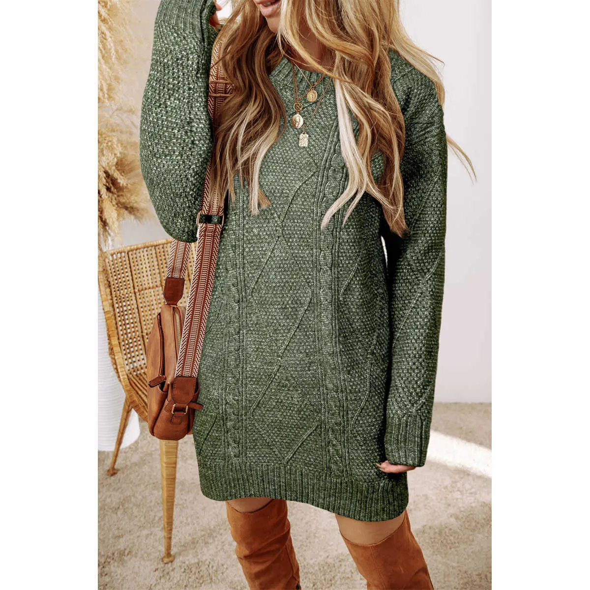 Mist Green Cable Knit Drop Shoulder Loose Fit Sweater Dress