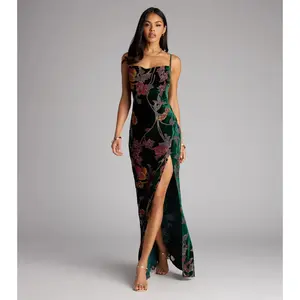 Melanie Floral Velvet Lace-Up Formal Dress