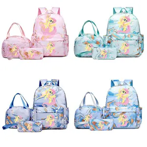 Cute Cartoon Rainbow Pony Backpack Set, Adjustable Straps, Nylon Material, Zipper Closure, Tablet Compartment, Large Capacity, Ideal Gift