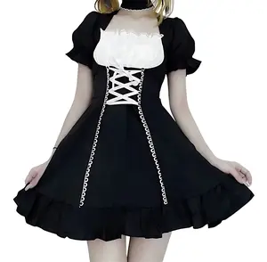 MALENNA Women's Lace Mini Dress Puff Sleeve Lolita Maid Dress Costume Fancy Cosplay Dress