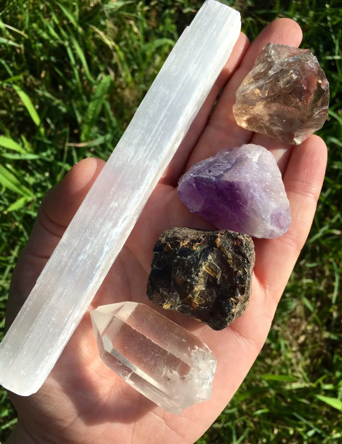 Strength & Protection Stone Set (5 Piece Set) Raw Selenite, Amber, Smoky Quartz, Amethyst, Clear Quartz - Purification, Spiritual Clarity