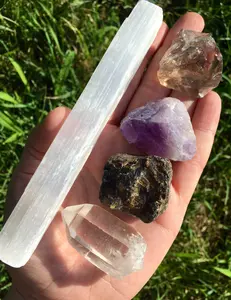 Strength & Protection Stone Set (5 Piece Set) Raw Selenite, Amber, Smoky Quartz, Amethyst, Clear Quartz - Purification, Spiritual Clarity