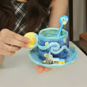 Hand-Painted Ceramic Van Gogh Classic Oil Painting Cups and Saucers, Coffee Cup Saucer, 3D Starry Sky, Apricot Flower, Sunflower, Iris, Perfect Gift, Stylish Drinkware