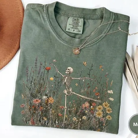 Comfort Colors Skeleton Dancing Arabesque Wildflower Botanical Floral Cottagecore Nature Lover Illustrative Women's T-shirt
