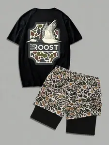 Two-Piece Set Men's Camo Print Short Sleeve Tee & Camo Print Shorts Set, Regular Fit Casual Round Neck T-shirt & Shorts, Men's Summer Clothes