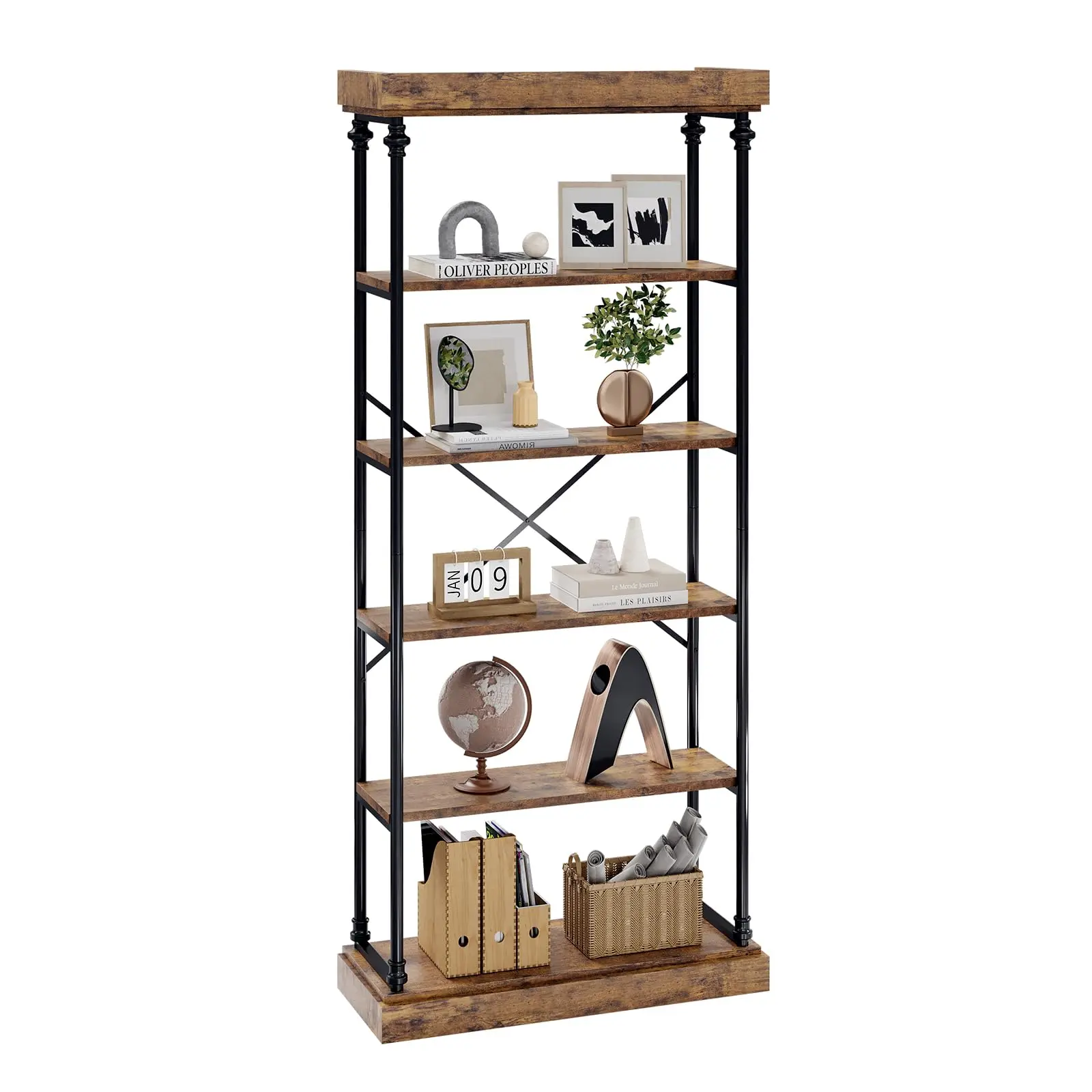 【GARVEE】Industrial 6-Tier Wood Bookshelf with Metal Frame, Large Rustic Open Rack Shelf in Grey for Bedroom, Living Room, and Home Office Storage and Display