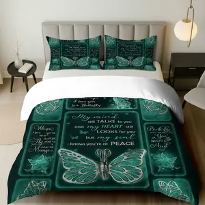 3PCS Duvet Cover Set, 1 Duvet+2 Pillowcases(Without filler), Butterfly Inspirational Message Peaceful Deep Green theme, Mother's Day bedding set, Embroidered Inspirational Words Suitable for decoration Bedroom, Guest Room, Hotel, Lounge