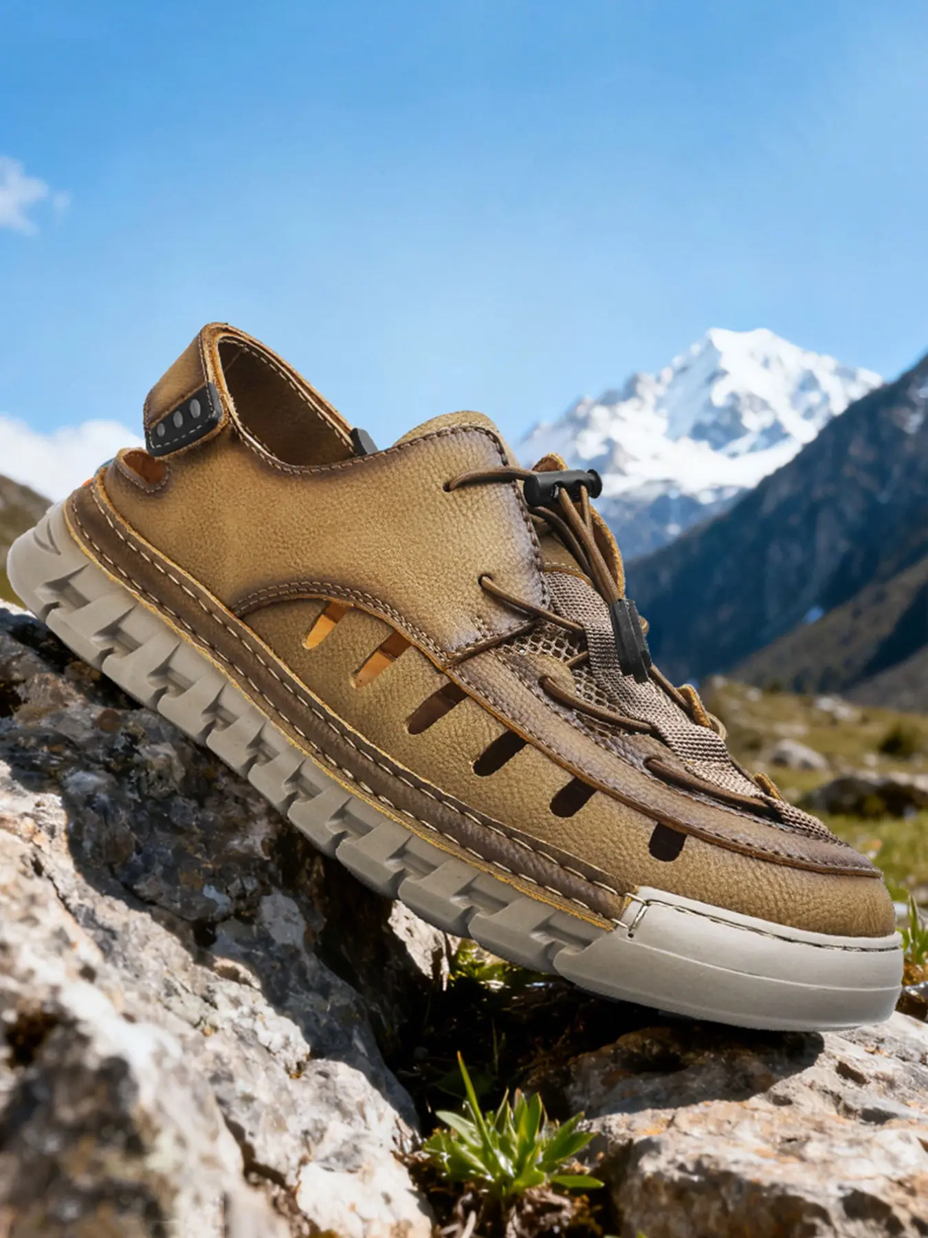 Men's Closed Toe Sandals Breathable Non-Slip Cushioned Wide Width Fisherman Shoes Bungee Laces Flat Hiking Sandals Athletic Outdoor Summer Brown Microfiber Leather for Walking Travel Beach Big Size 11 12 13 Anti Slip Sandals Trail Sandal