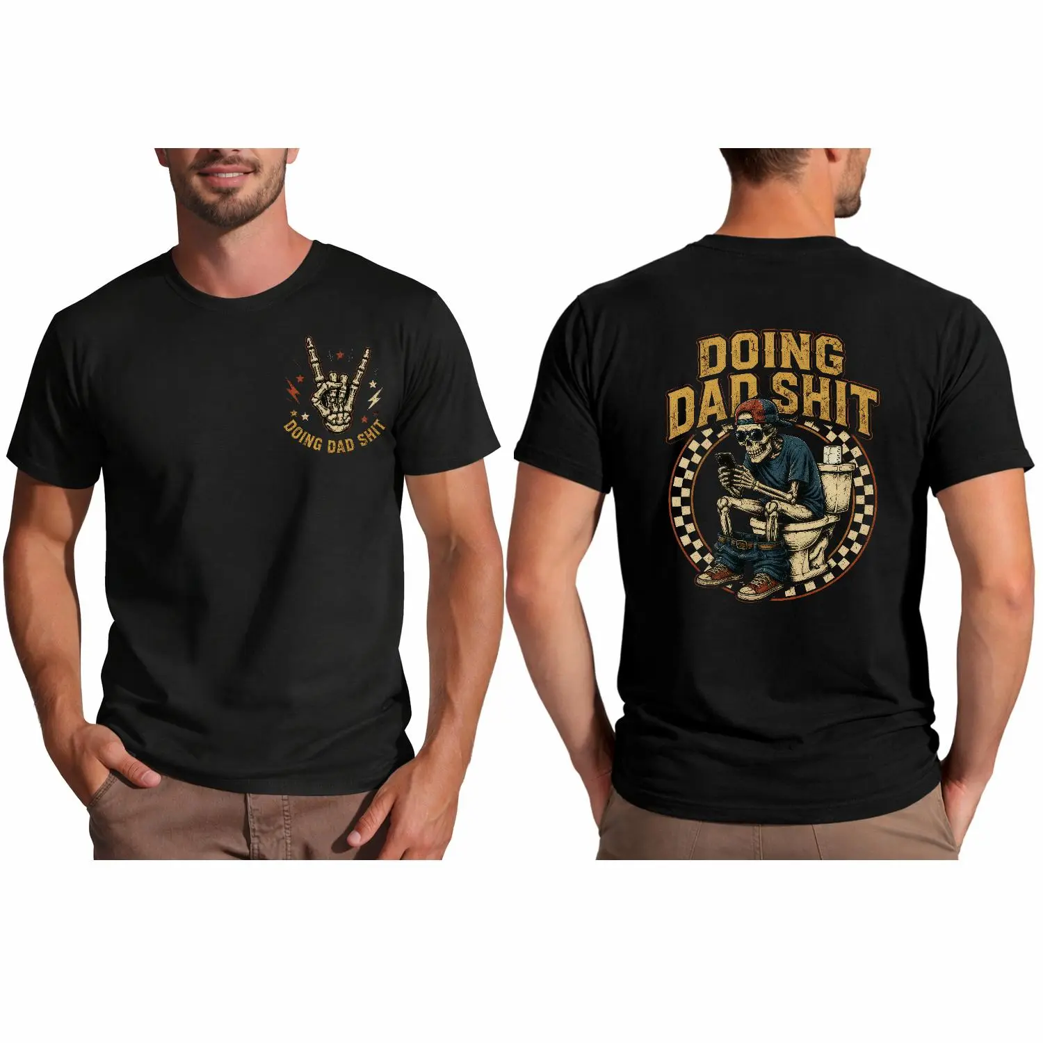Men's Vintage Skeleton On Toilet Rock Hand Sign Soft Humor Sarcastic Apparel Menswear Short Sleeve Casual Sports Top For Dads, Comfortable Casual Wear Tops