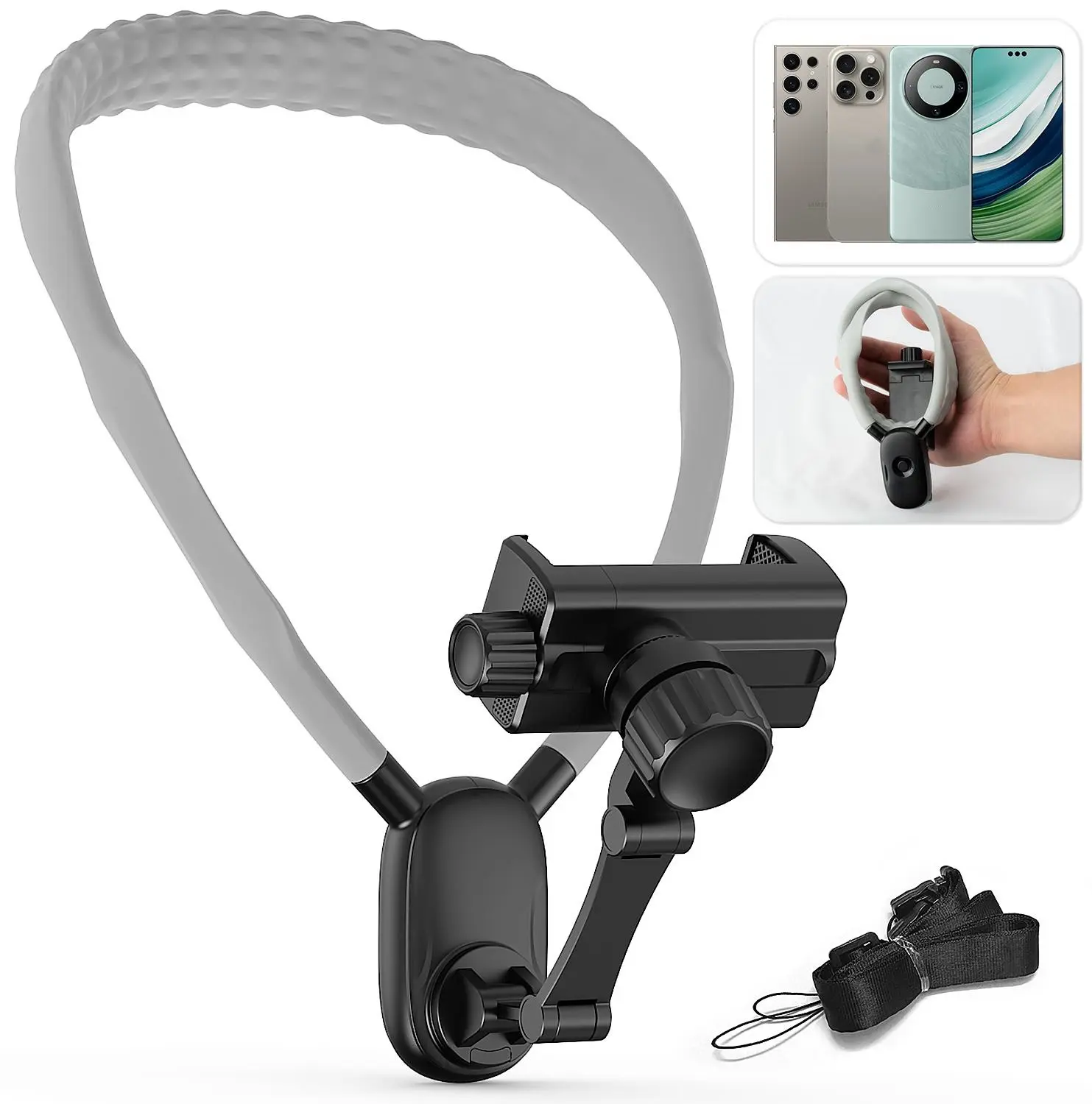 POV Neck Mount Phone Holder with Lanyard - Extendable, Foldable, Adjustable Flexible Rubber Stand, Stainless Steel, Hands-Free for Vlog/Live Stream, 4-7" Cellphone Accessories (Black, Grey) | TikTokShop Black Friday Fall Deals, Collapsible