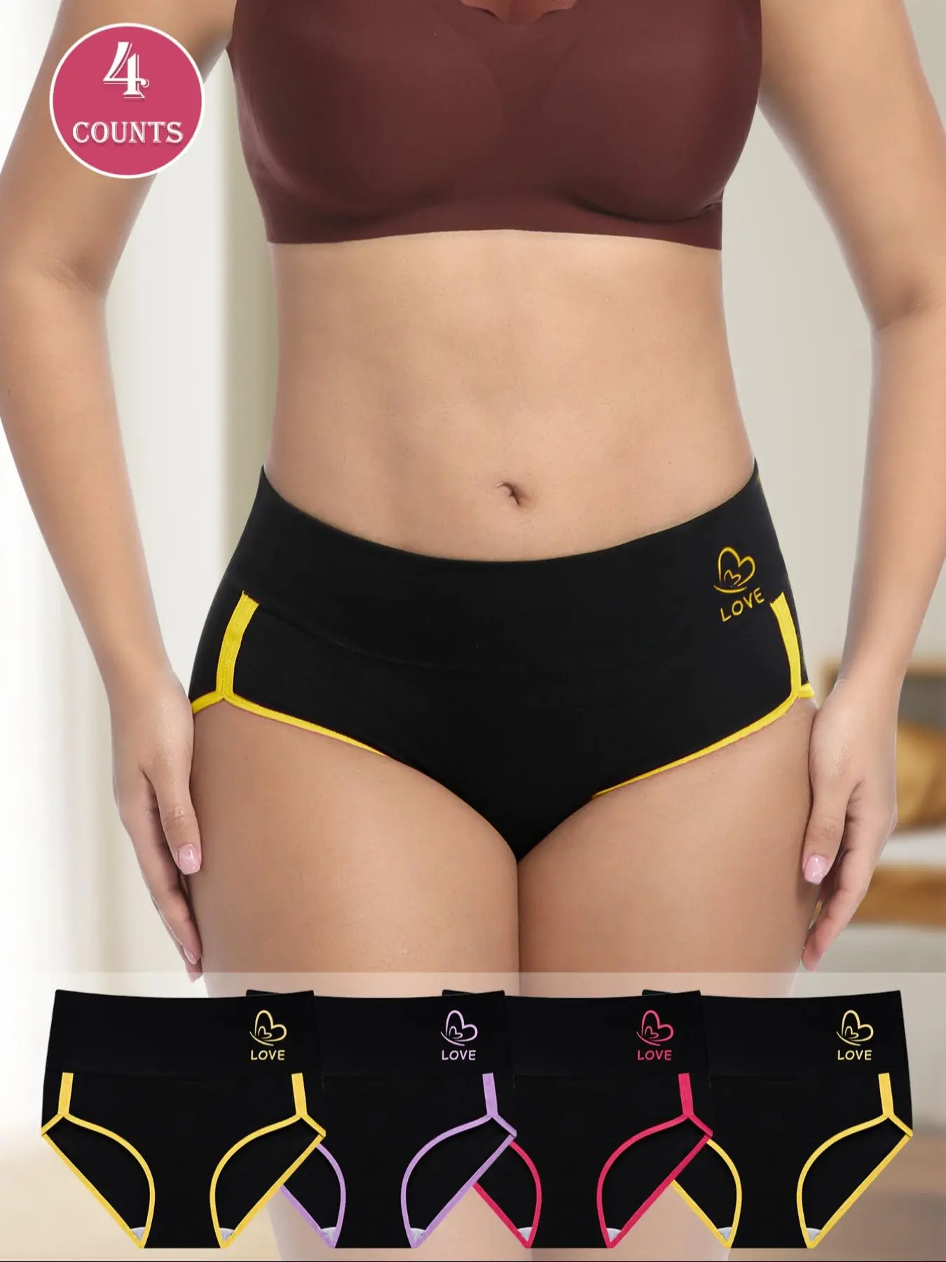 Morelect Women's Underwear Set, 4 Pcs Mid-Waist Comfortable Colorblock Shapewear, High-Quality Printed Skin-Friendly Triangle Pants