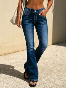 Women's Stretch Mid-Waist Boot Cut Jeans - Vintage Tummy Control Bottoms, Trendy Shaping Wide Leg Flare, Womenswear Essential, Bottom