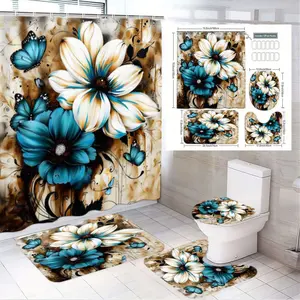 1/4pcs Vintage Floral Bathroom Decor Set - Rustic Boho Shower Curtain with Creamy Blooms, Teal Butterflies & Brown Accents, Mat & Toilet Seat Cover with Coordinating Design, Perfect for Spring Refresh or Cozy Home Makeover, Bathroom Decoration Accessories