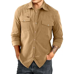 Men's Corduroy Shirts Casual Western Long Sleeve Button Down Shacket Jackets with 2 Flap Pocket