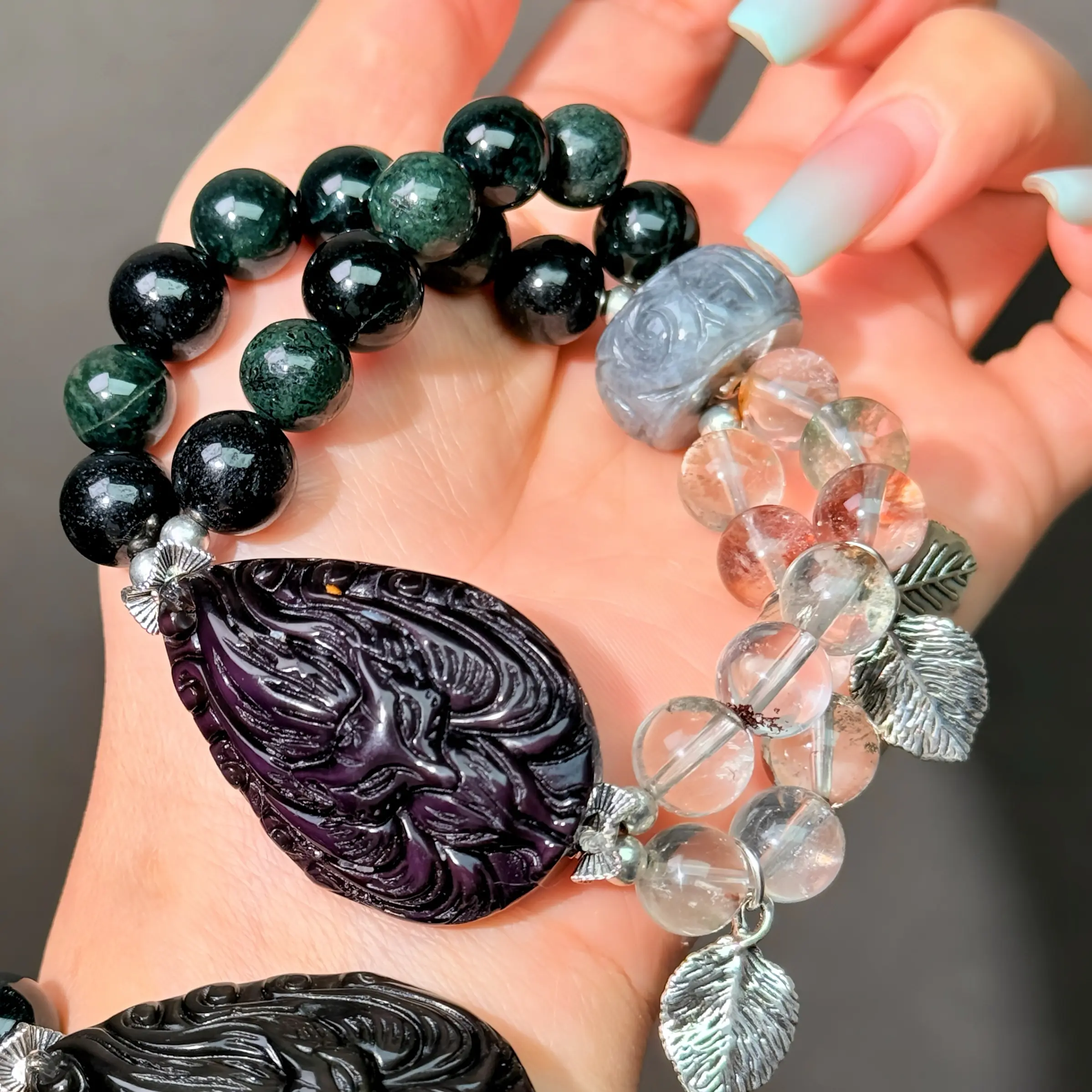 002 Obsidian, Jadeite, Phantom Quartz  bracelet lucky DIY bracelet
