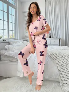 SERACAL 2-Piece Women's Butterfly Print Sleepwear Set, Milk Silk Short Sleeve Tops & Pants, Soft Loungewear Pajamas for Home, Nightwear & Casual Relaxation