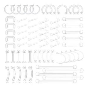 65pcs Mix Style Clear Piercing Retainer Flexible Lip Ear Nose Septum Eyebrow Nipple Tongue Rings Cartilage Tragus Earrings Retainer Bioflex Horseshoe Hoop Industrial Barbell