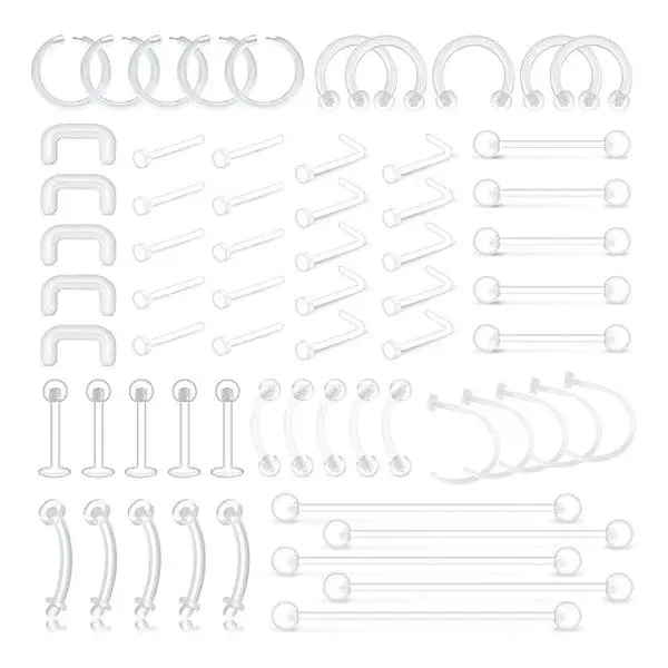 65pcs Mix Style Clear Piercing Retainer Flexible Lip Ear Nose Septum Eyebrow Nipple Tongue Rings Cartilage Tragus Earrings Retainer Bioflex Horseshoe Hoop Industrial Barbell