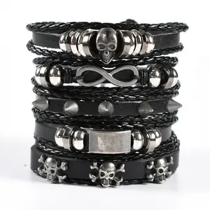 5pcs Men's Retro Punk Style Alloy Skull Faux Leather Bracelet Set,Men's and Women's Black Skull PU Leather Bracelet Combination, Adjustable Punk Hand-woven Bracelet