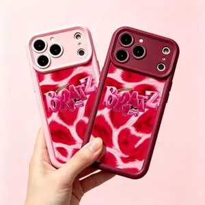 Y2K Faux Fur Pink Leopard Print Phone Case | Bold 3D Logo Protective Cover for iPhone 17/16/15/14/13/12/11 ProMax Plus for Samsung phones,an excellent gift for friend or fans.