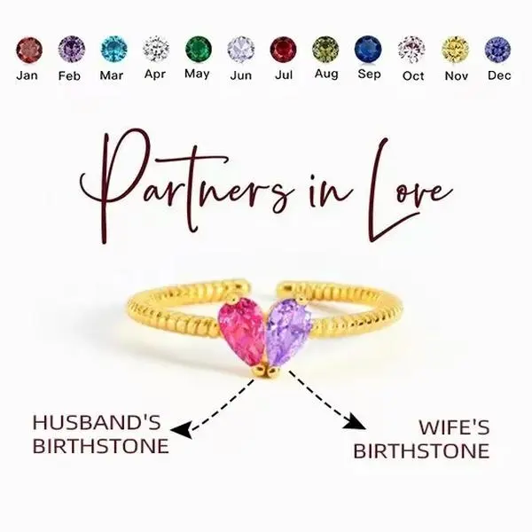 AS135 Adjustable Size Heart Shape Birthstone Ring - DIY Opening, 1-12 Month Design, Valentine's Day Gift, Fashion Costume Jewelry for Daily Wear
