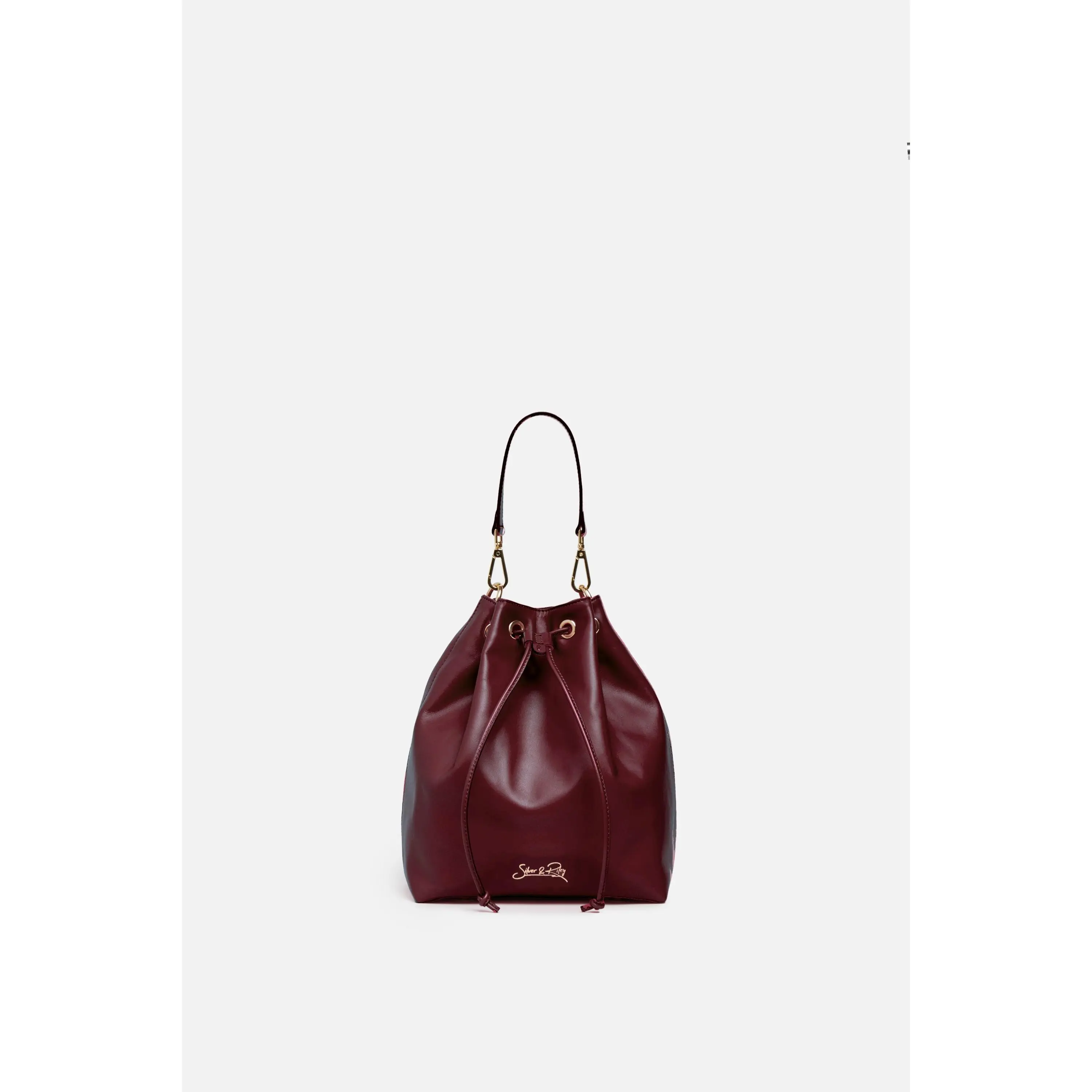 Madison Drawstring Leather Bucket Bag in Maroon Burgundy