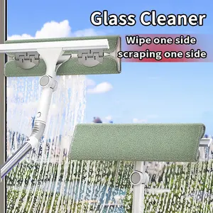 Extendable Window Cleaning Brush, 2-In-1 Glass Scrubber Squeegee with 90° Rotatable Head, Long Reach High-Rise Window Cleaner with Wall Storage Pink Broom and Dustpan Set Lightweight Household