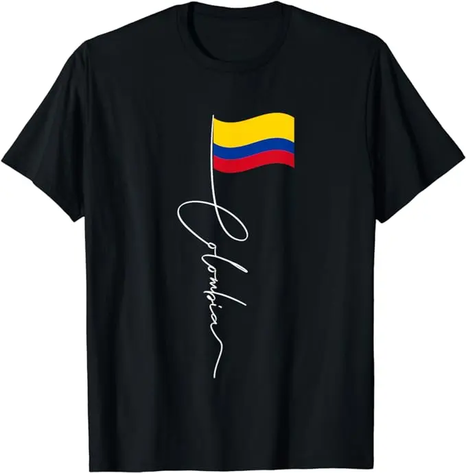colombian patriotic flag Colombian Flag Signature Cursive Script Cotton Black T-Shirt, Minimalist Colombia National Pride Outfit, Best Holiday Gift For Him Her Colombian Independence Birthday Present Colombian Latina Casual Streetwear Tee