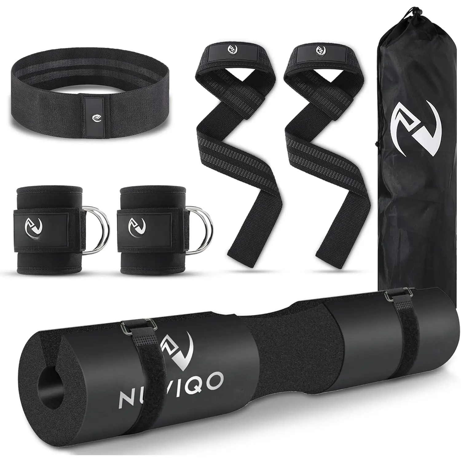 9 count Gym Accessories Set Featuring Barbell Pad with 2 Safety Straps - 2 Ankle Straps for  Machine - 2 Weight Lifting Straps -  Resistance Band - Carry Bag for  Thrust Pad Yifanyou Sports