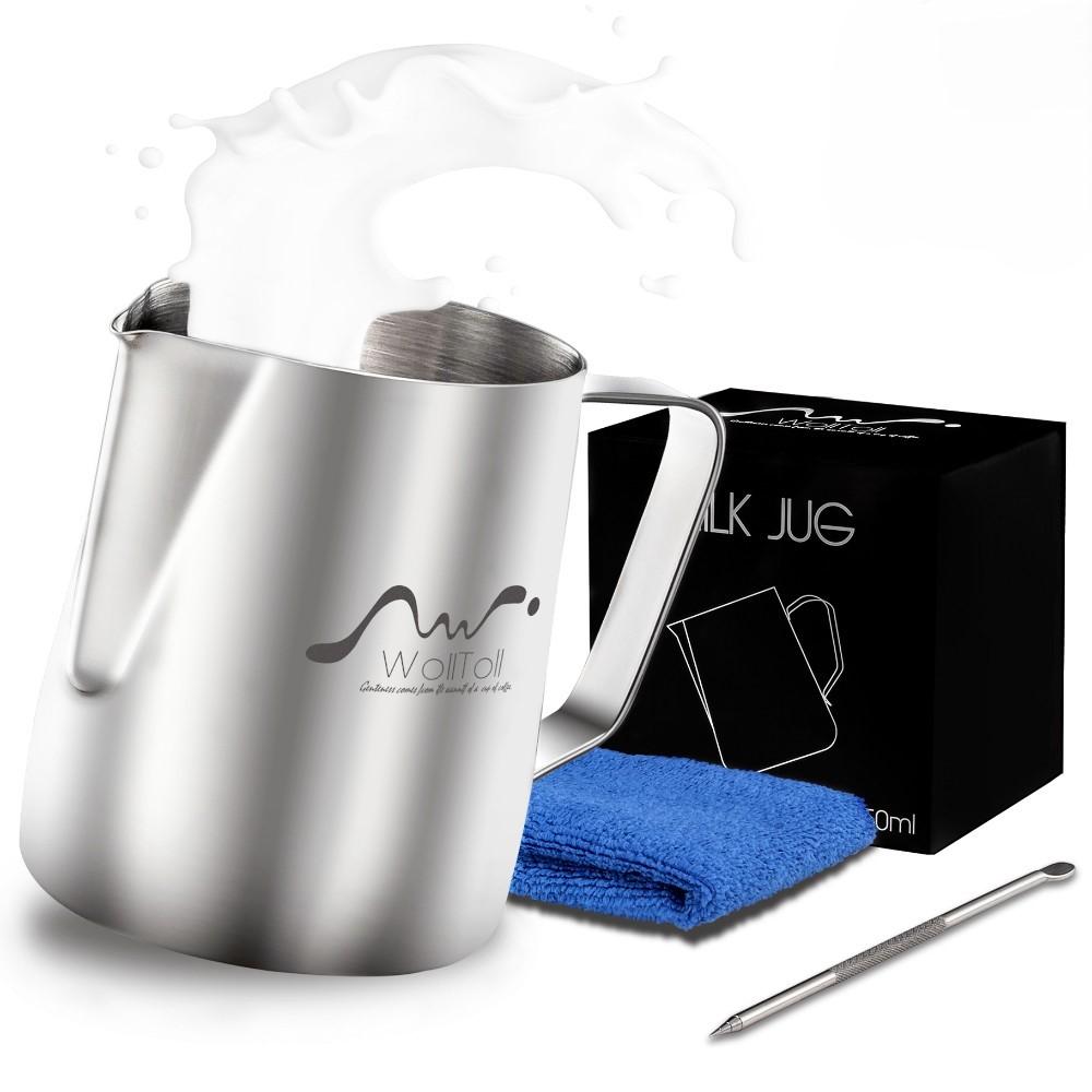 Milk Frothing Pitcher 350ml Stainless Steel for Latte Art Beginners 0.8mm Thick Dripless Spout Dual Measurement Lines Ergonomic Handle Perfect for Coffee Jugs