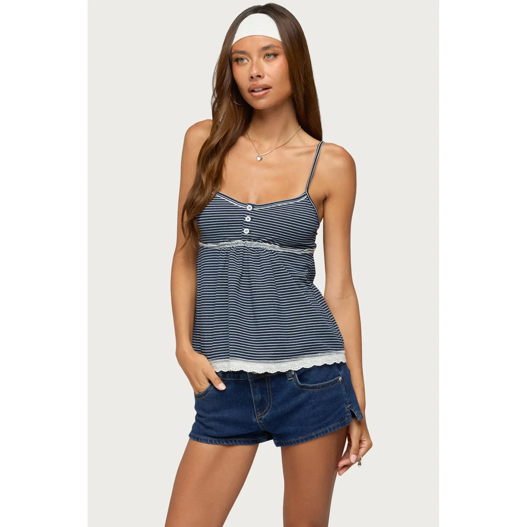 Eyelet & Striped Babydoll Tank Top