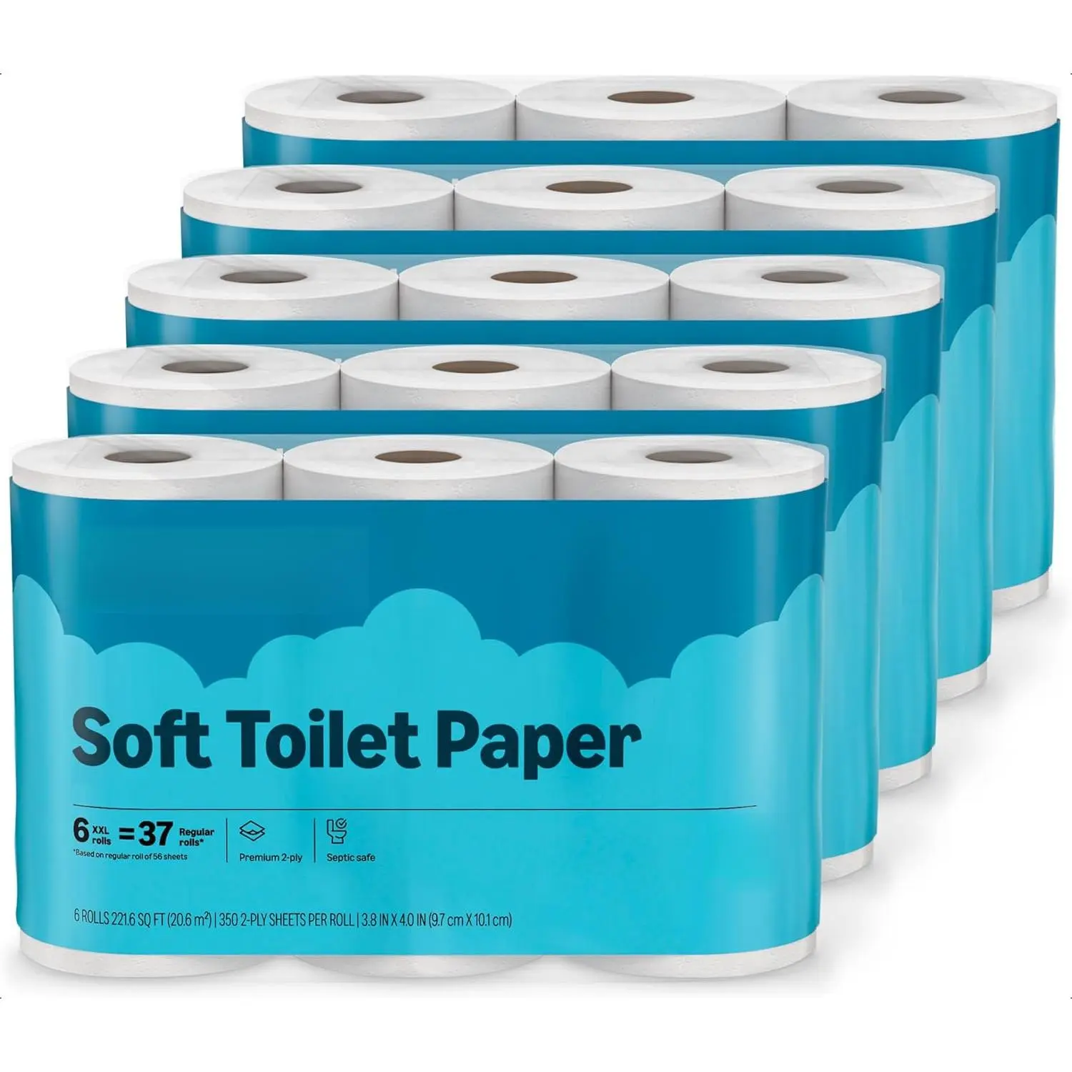 Basics 2-Ply Soft Toilet Paper - 30 Rolls (5 Packs of 6), 350 Sheets Each, Septic Safe, Kitchen-Friendly, Equivalent to 185 Regular Rolls