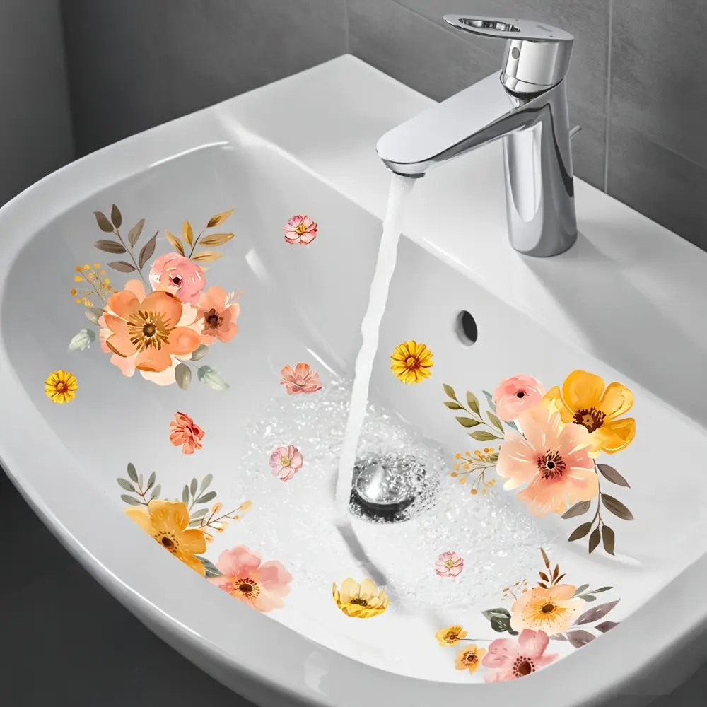 Watercolor Floral Decorative Sink Sticker, Decorative Stickers, Bathroom Vanity Decor Self-Adhesive Waterproof Tile Decal, Beautify Your Bathrooms & Washbasins, Decoration Items