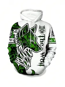 Fashionable men's autumn personalized wolf print soft and comfortable hooded sweater, outdoor street top