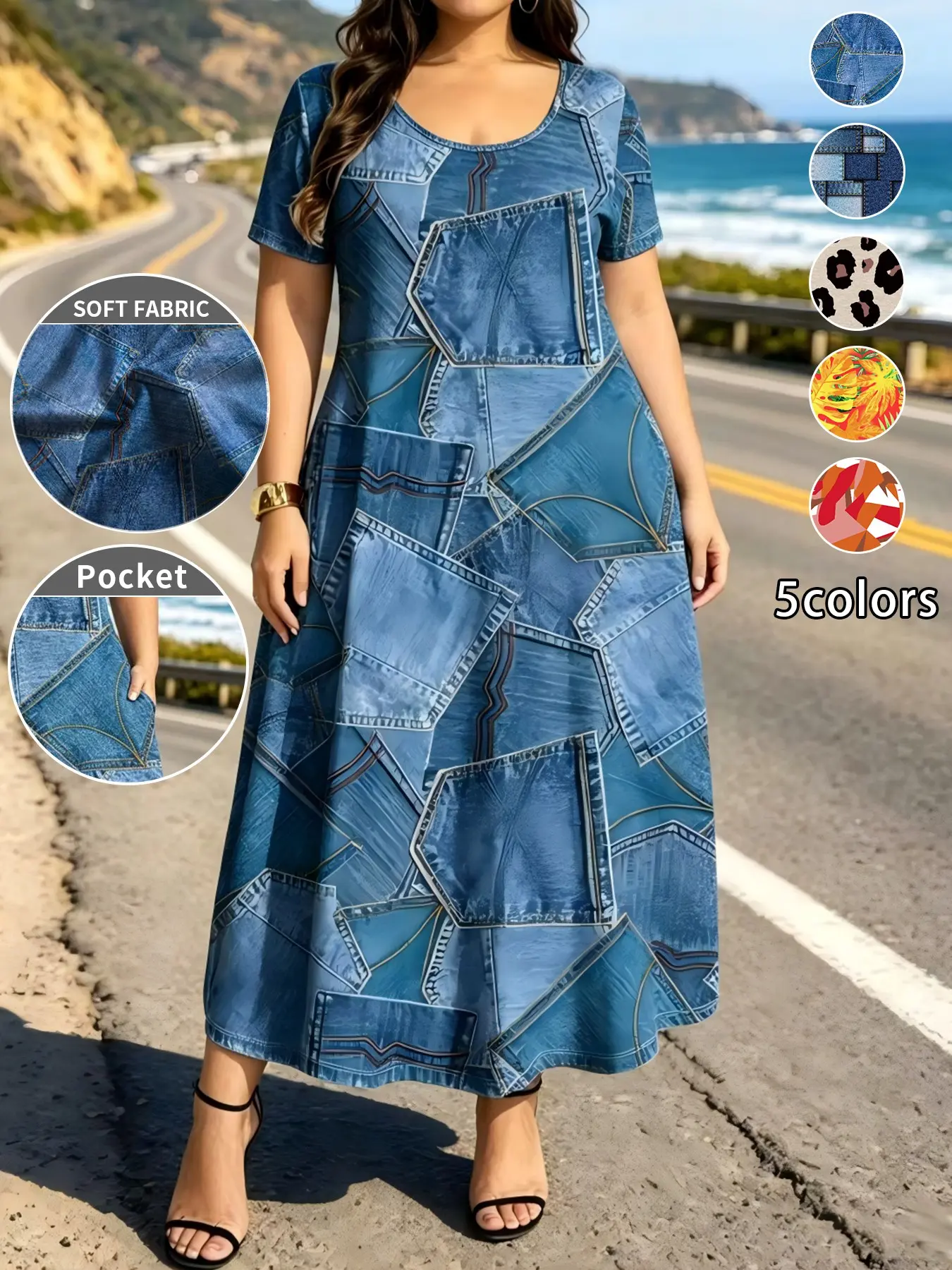 Women's Plus Size A-Line Print Dress with Pockets, Casual Elegant Round Neck Short Sleeve Top, Loose Fit Slimming Daily Wear, Vacation Travel Essential, Womenswear