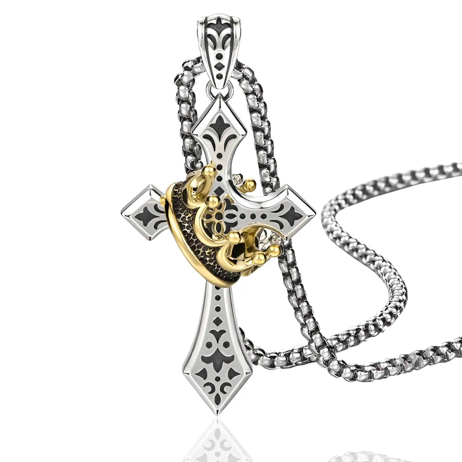 Crown Cross Crucifix Necklace with Cross Chain Design - Detachable Vintage Crown & Thorns Pendants, Christian Faith Gift for Men, Father's Day Present