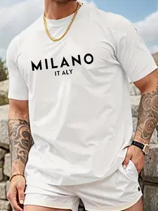 Men's Milano Italy Simple Letter Print Cotton T-Shirt, Menswear Casual Loose Fit Short Sleeve, Graphic Design, All Seasons Wear