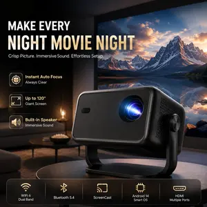LynCast Android 14 Smart Projector with 800 ANSI, Native 1080P, 8K Support, WiFi, Bluetooth, Audio, Auto Focus, Auto Keystone, Object Avoidance, Built-in Apps, 180° Gimbal Stand for Home Cinema & Outdoor Gaming, Lcd Display