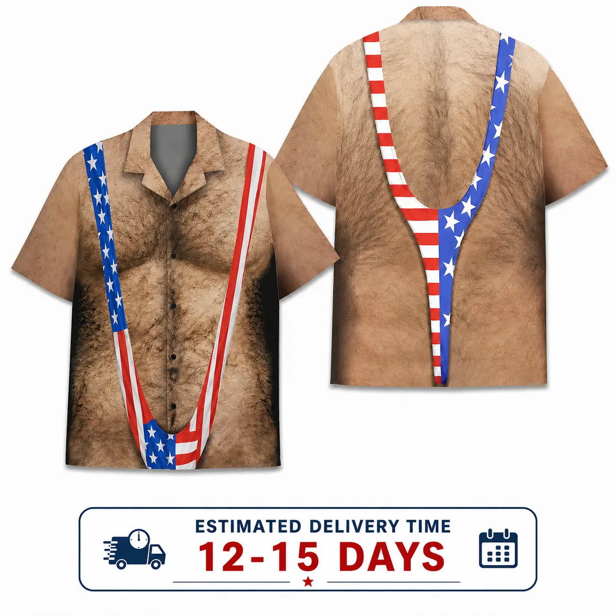 American Flag Funny Hawaiian Shirt Men, Patriotic Chest Hair Illusion Aloha Shirt, 4th of July Button Up, Hilarious Independence Party Outfit