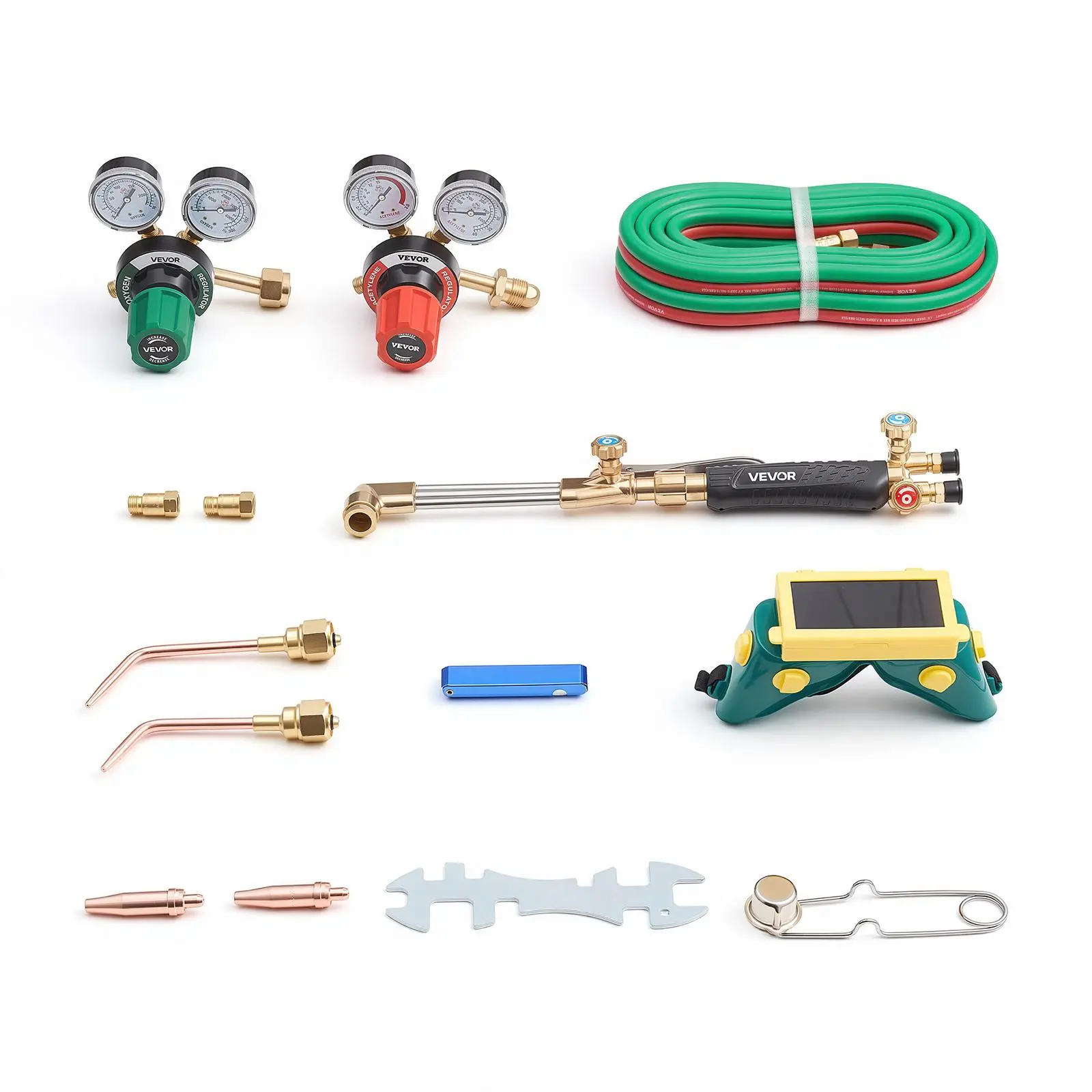 【BackToSchool】VEVOR Brass Oxygen Acetylene Torch Complete Welding Kit, Professional High Psi Rating Brazing Tool with Check Valves, 15ft Dual-Color Hoses, 2 Cutting Tips, 2 Welding Tips, Secure-Seal Precise Pressure Gas Regulators, CGA510 Acetylene Connec