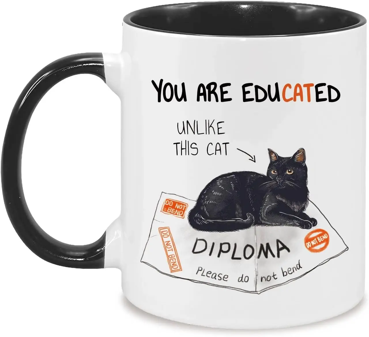 You Are EduCated Funny Cat Graduation Ceramic Mug, Black Handle Accent Coffee Cup, Master PhD College Grad Gift for Cat Lovers, 11oz 15oz