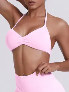 Pink Halter Supportive Sports Bra, Compression Fit Breathable Quick Dry Versatile Top for Yoga, Gym, Beach & Surfing, Strappy Yoga Bras #PinkSportsBra #CuteActivewear #YogaBra #GymWear #WorkoutClothes #BeachSwimwear #FitnessFashion #SummerVibes