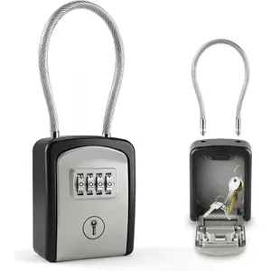 (R) Key  Box Portable with  Shackle - Small  Heavy-Duty Metal Safe with 4-Digit Combination for Spare  Outside  Door Knob, Fence, Pipe or Gate (Grey, Small)