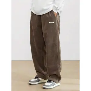 Men’s Capsule Wardrobe Corduroy Pants with Letter Patch and Pocket — Loose, Casual, Comfortable, Straight-Leg Trousers with an Elastic Waist for Spring and Autumn; Woven Bottoms for Men by Sweats Collective
