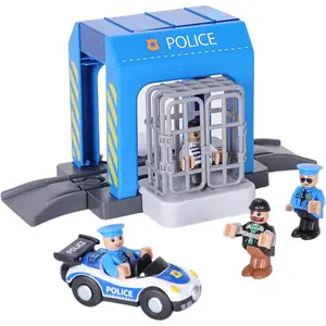 Police Station Playset Toy Building City Police Scenes Train Set Compatible with All Wooden Train Tracks Educational Train Accessory Toys for Boys Kids Assembly Required