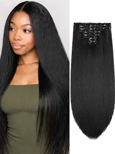 7PCS Clip in Hair Extensions Black 26 Inch Long Wavy Synthetic Hair Extensions