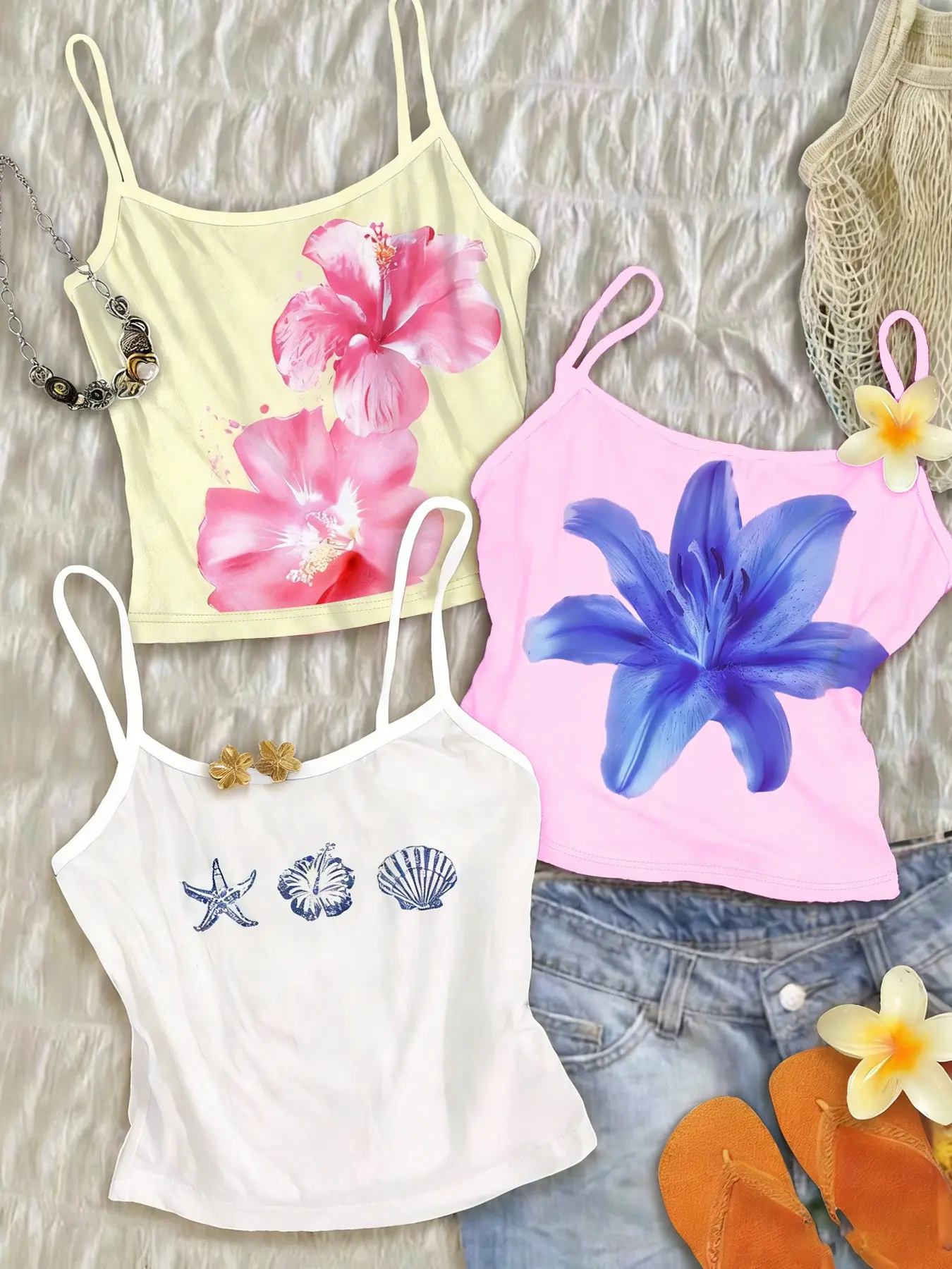 Set of 3 Multicolor Ladies' Boho Fashion Casual Sleeveless Cami Top Spaghetti Strap, Short Cropped Design with Bohemian Floral and Shell Prints, Soft Fabric, For Daily Wear, Beach Holiday, Music Festival, Top, Casual Sleeveless Tops, Boho Summer