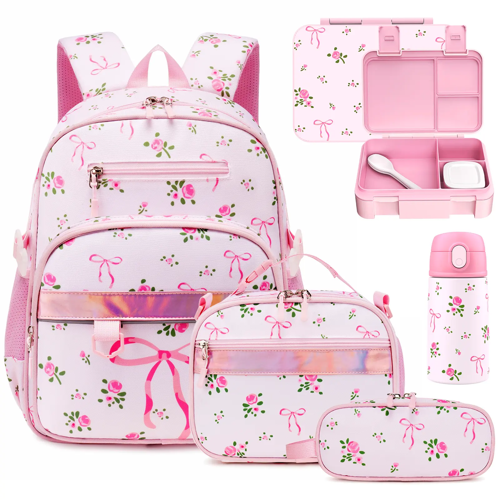 SIMILOVE 5PCS Girls Backpack Set Ages 5-8 with Bento Box & 13oz Insulated Water Bottle, School Backpack for Girls with Lunch Bag Pencil Case - 15inch Kids Bookbag for Kindergarten Elementary School