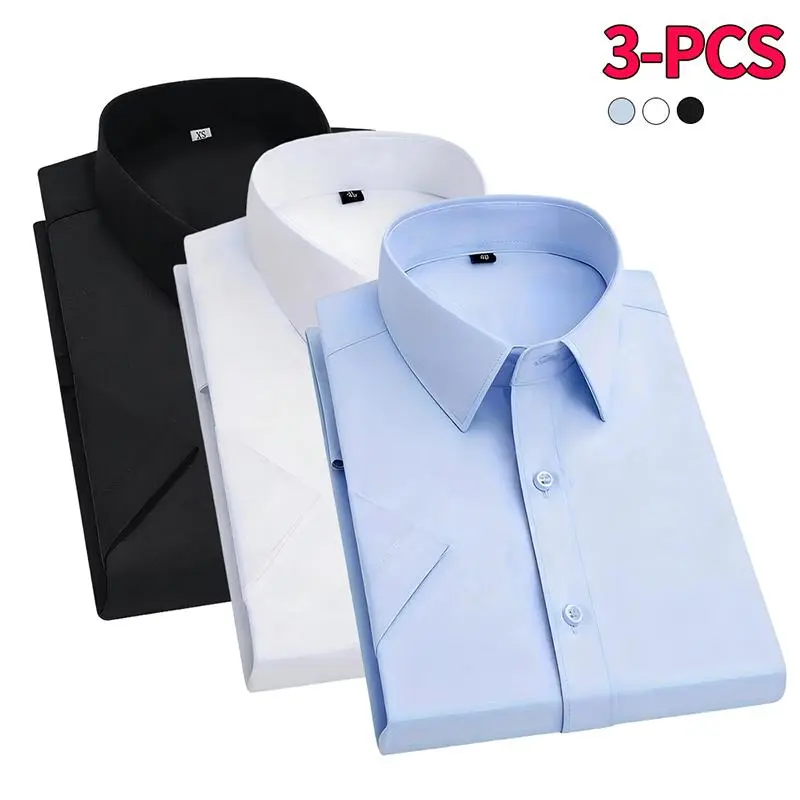Men's Summer Short-Sleeve Turn-Down Collar Dress Shirts 3-Pack - White/Black Menswear Plain Casual Button Collared Tops, Open-Front Button Closure, Soft Smooth Fabric, for Business Formal Work & Daily Outings
