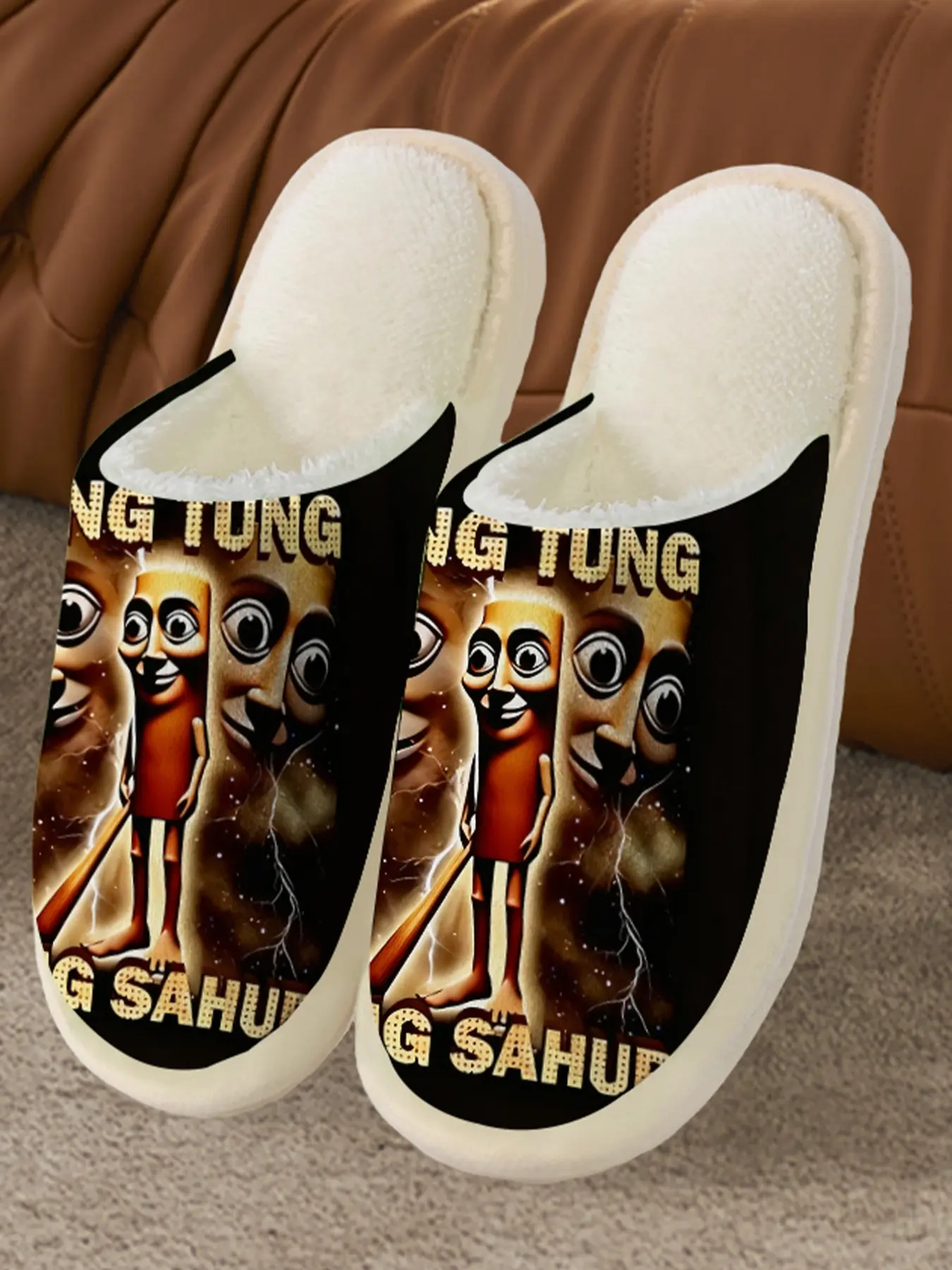 TUNG TUNG Men's & Women's Cartoon Character Home Shoes, Textile Upper, Indoor Slippers, House Slippers, Flat Slippers, Affordable Slippers, Multi-Color, Couple's Style, Fall Winter Comfortable Print Slipper